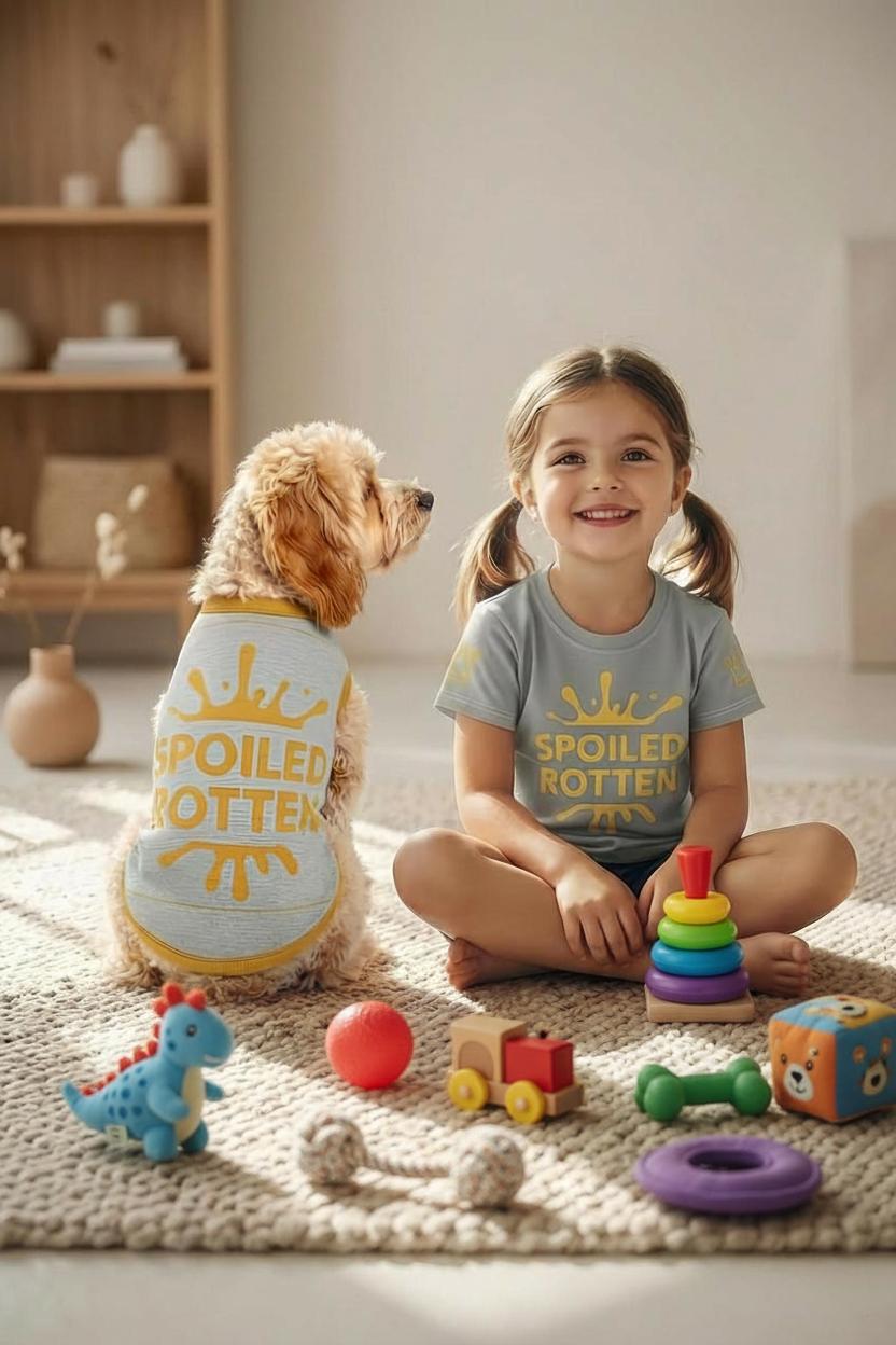 personalized-dog-sweater-kid-tshirt-matching-set-gray-gold-uncommon-canine-couture-co