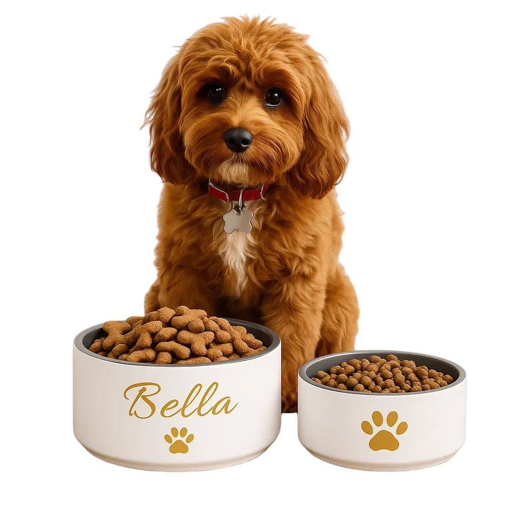 Custom Pet Bowl, Ivory Whisper & Gold, Luxury Pet Feeding Bowls, Paw Print