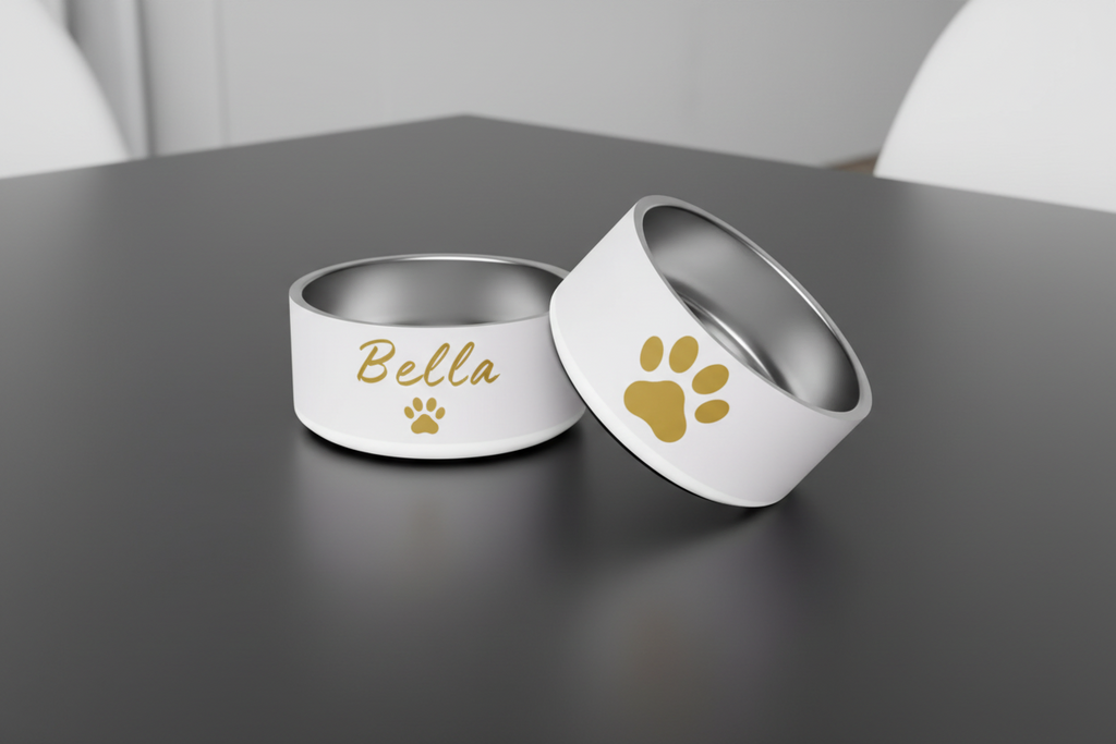 Custom Name Pet Bowl set, Ivory Whisper & Gold, Luxury Pet Feeding Bowls, Bella