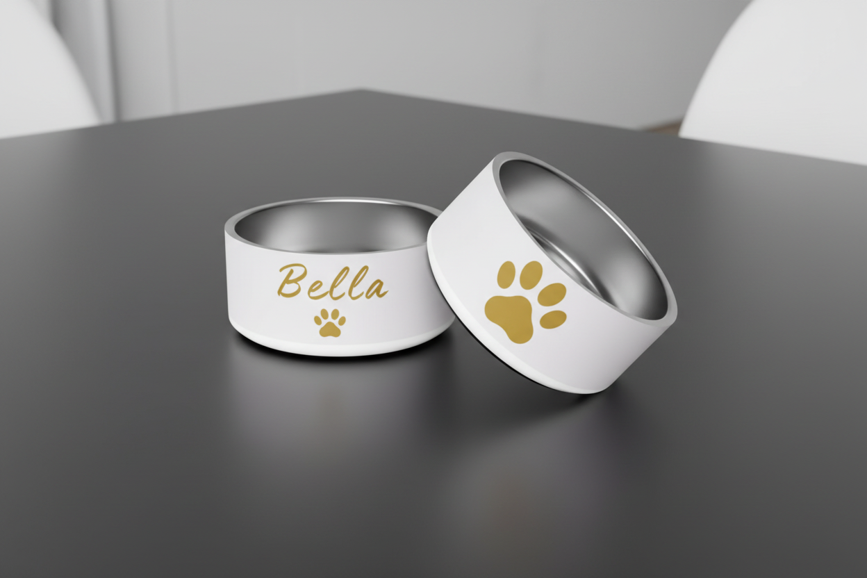 Custom Name Pet Bowl set, Ivory Whisper & Gold, Luxury Pet Feeding Bowls, Bella