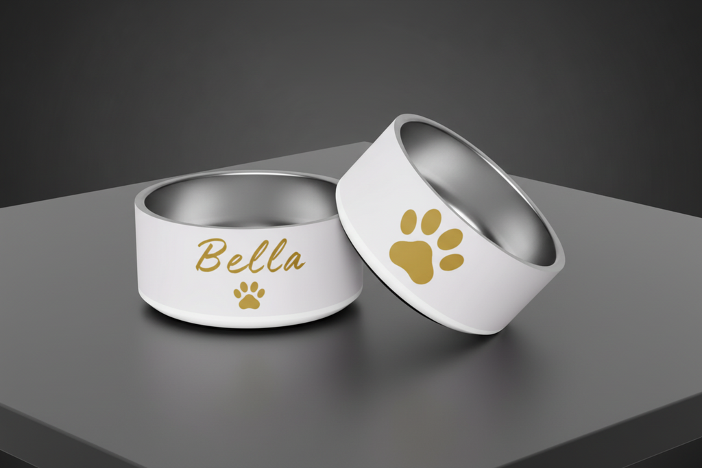 Custom Name Pet Bowl set, Ivory Whisper & Gold, Luxury Pet Feeding Bowls, Bella