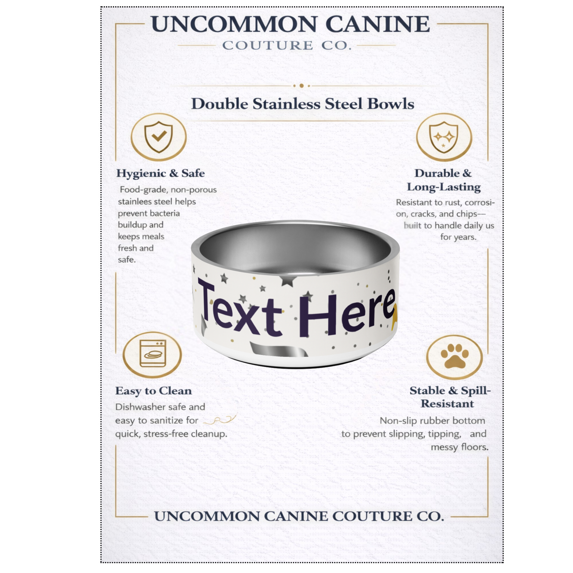 Personalized Dog Bowl Stainless Steel, Modern Pattern, Ivory, and Blue, 32 oz.
