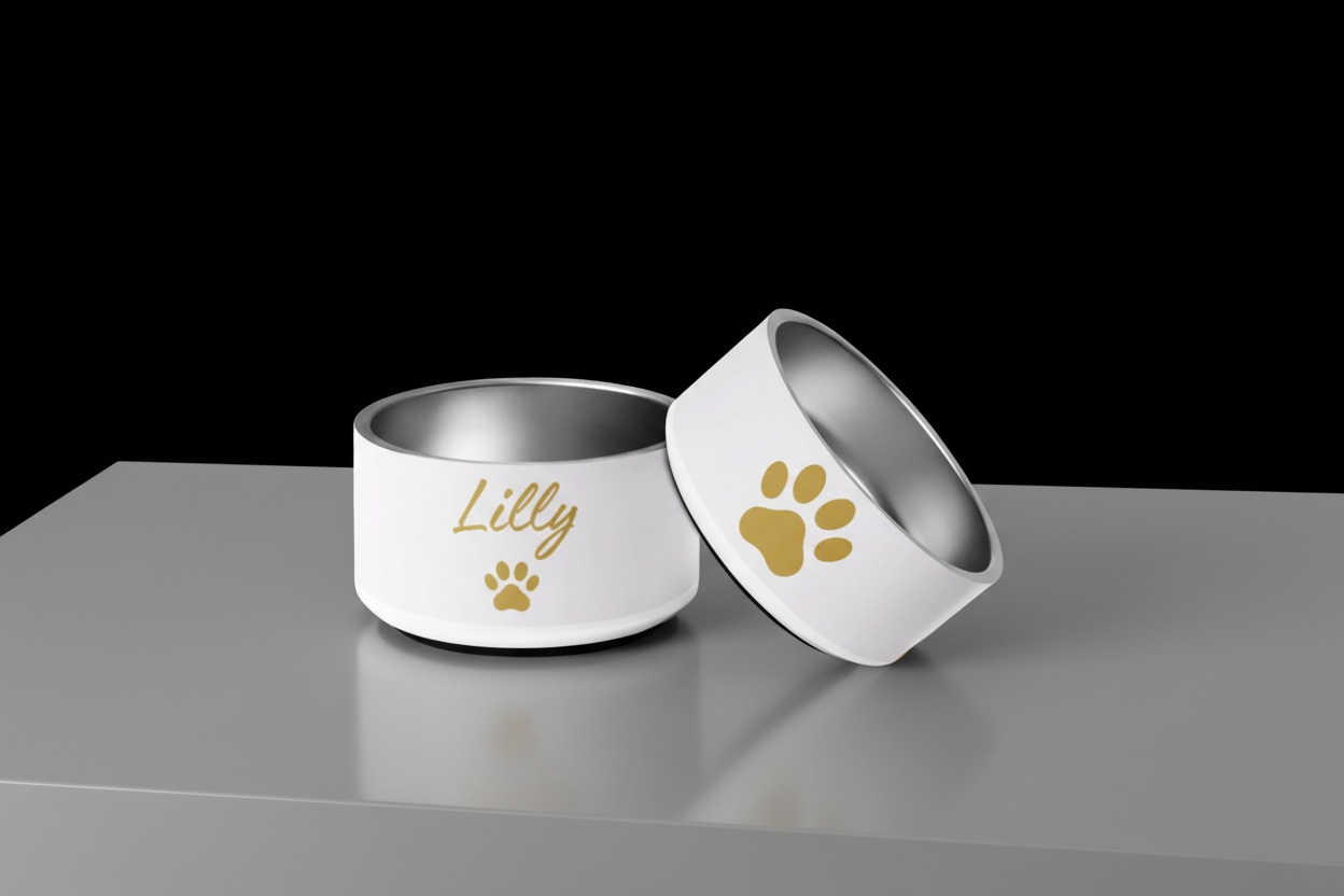 Custom Name Pet Bowl, Ivory Whisper & Gold, Luxury Pet Feeding Bowls, Lilly