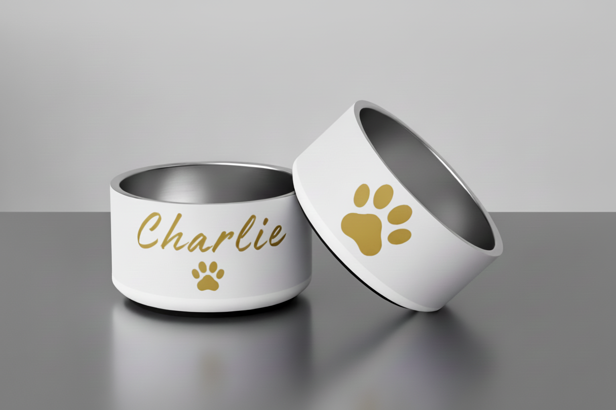 Custom Name Pet Bowl Set, Ivory Whisper & Gold, Luxury Pet Feeding Bowls, Charlie