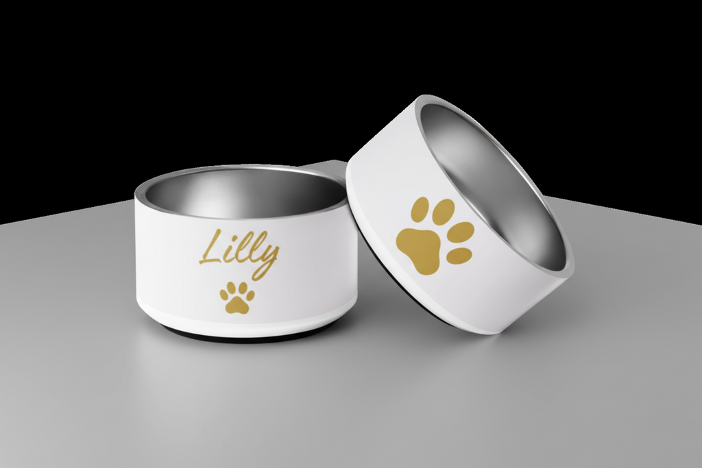 Custom Name Pet Bowl, Ivory Whisper & Gold, Luxury Pet Feeding Bowls, Lilly