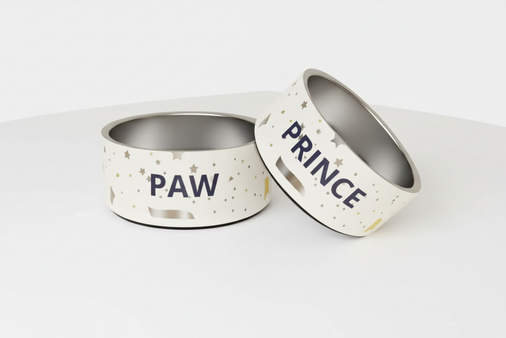 Stainless Steel Dog Bowl, Modern Pattern Gold and Silver , “PAW”, 18 and 32 oz.