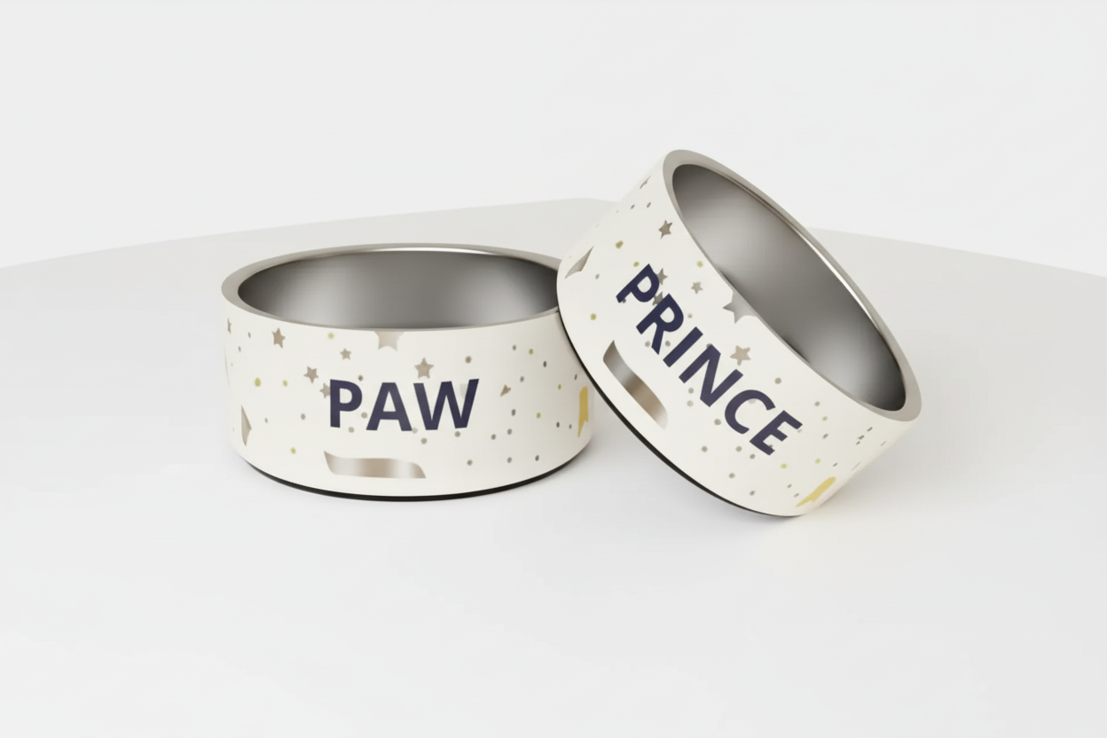 Stainless Steel Dog Bowl, Modern Pattern Gold and Silver , “PAW”, 18 and 32 oz.