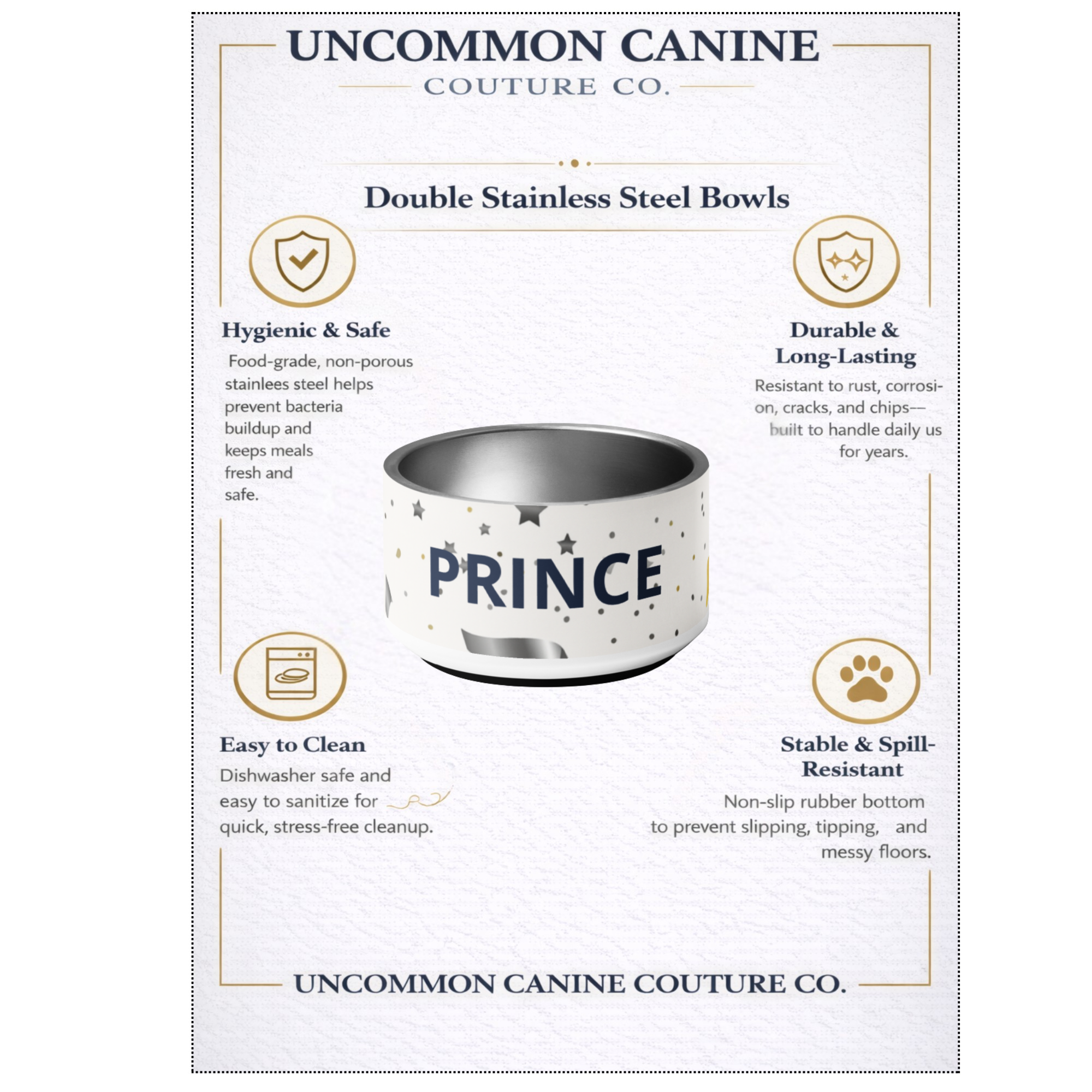 Luxury Stainless Steel Dog Bowl, Modern, “PRINCE”, 18 and 32 oz.