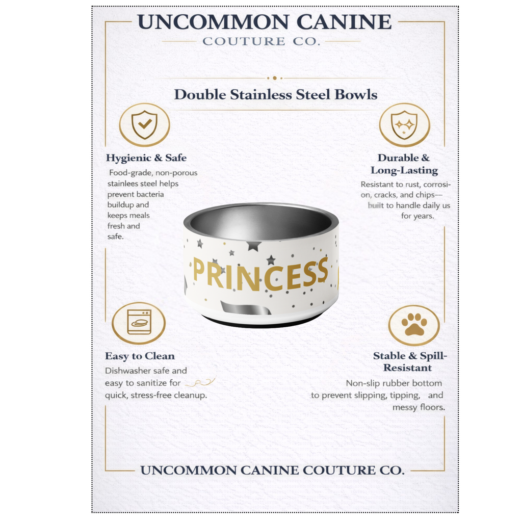 Luxury Stainless Steel Dog Bowl, Modern Pattern, “PRINCESS”, Gold, 18 and 32 oz.