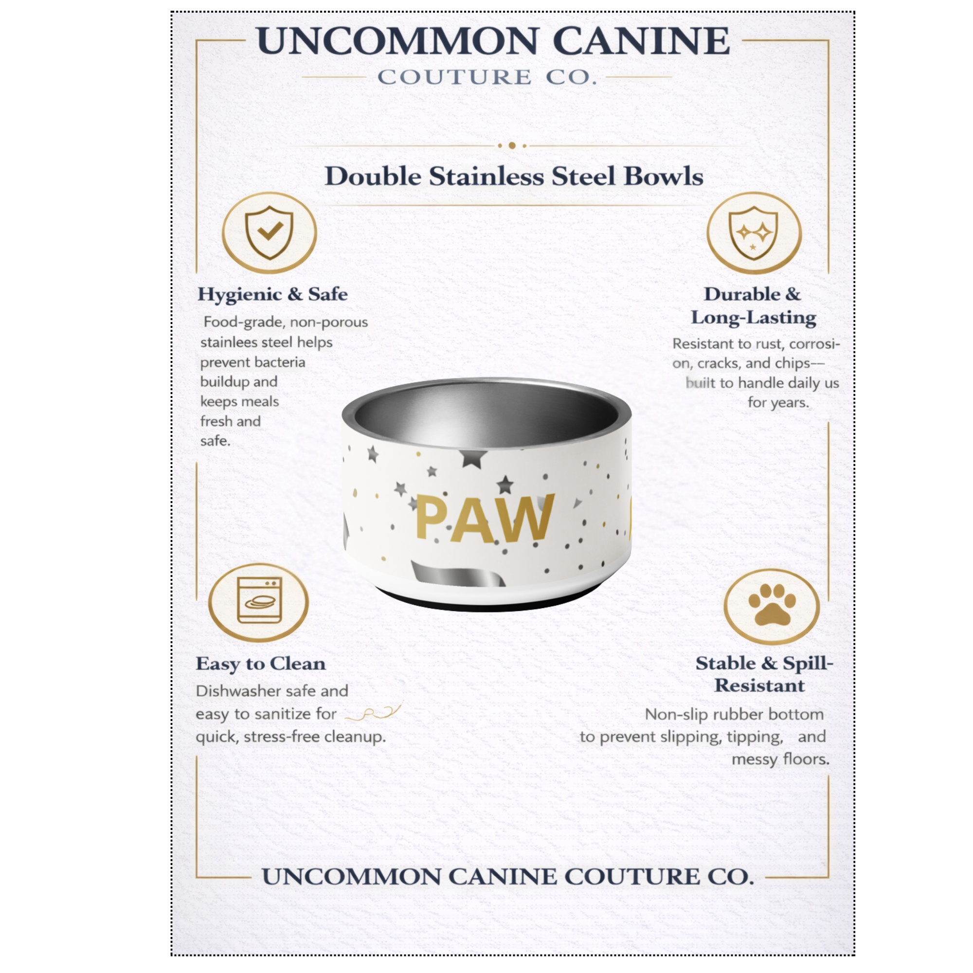 Luxury Stainless Steel Dog Bowl, Modern Pattern, “PAW”, Color Gold, 18 and 32 oz.