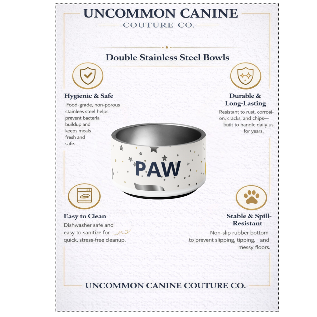 Luxury Stainless Steel Dog Bowl, Modern Pattern Gold and Silver , “PAW”, 18 and 32 oz.