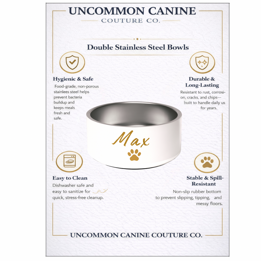 Custom Name Pet Bowl, Ivory Whisper & Gold, Luxury Pet Feeding Bowls, Max, 18 oz and 32 oz.