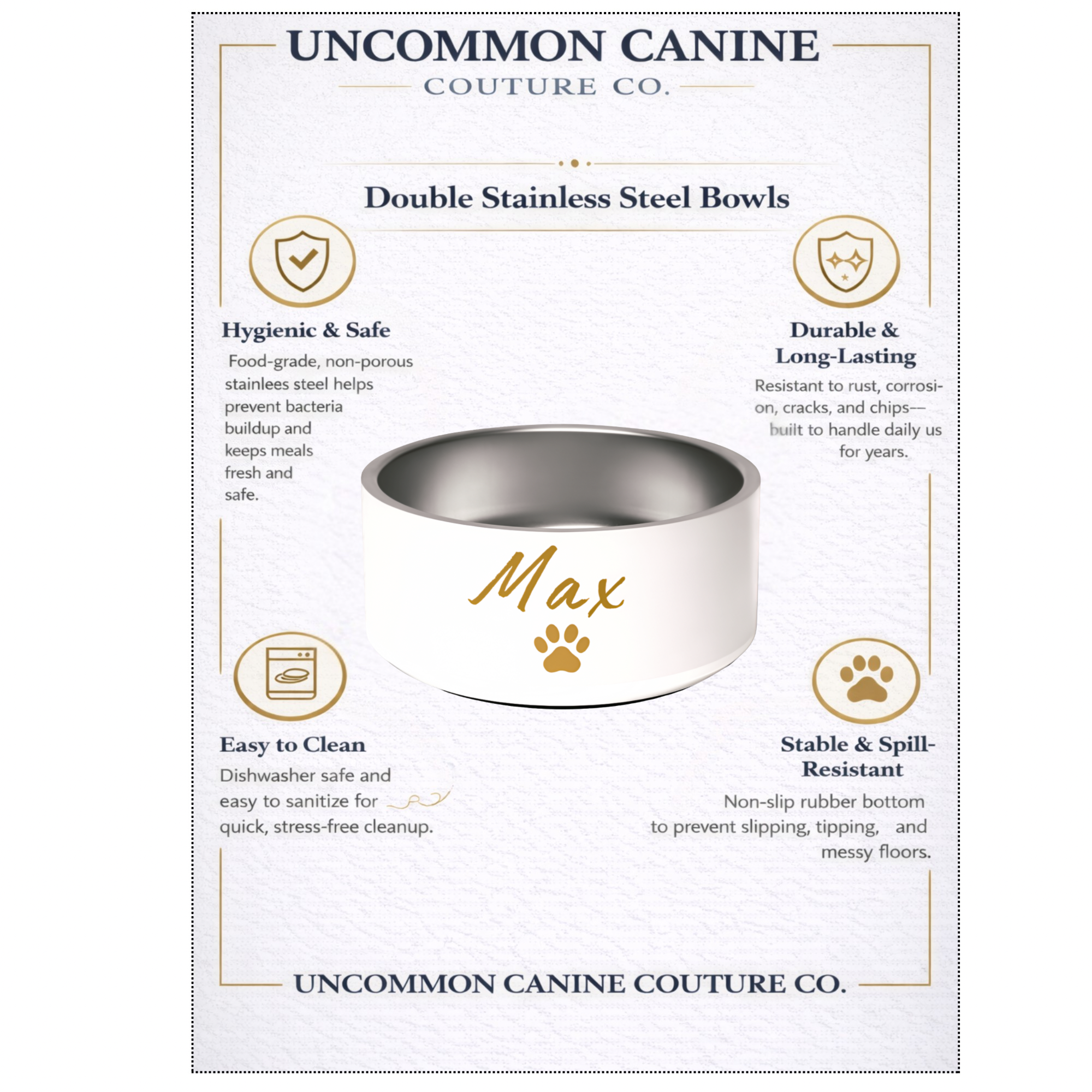 Custom Name Pet Bowl, Ivory Whisper & Gold, Luxury Pet Feeding Bowls, Max, 18 oz and 32 oz.