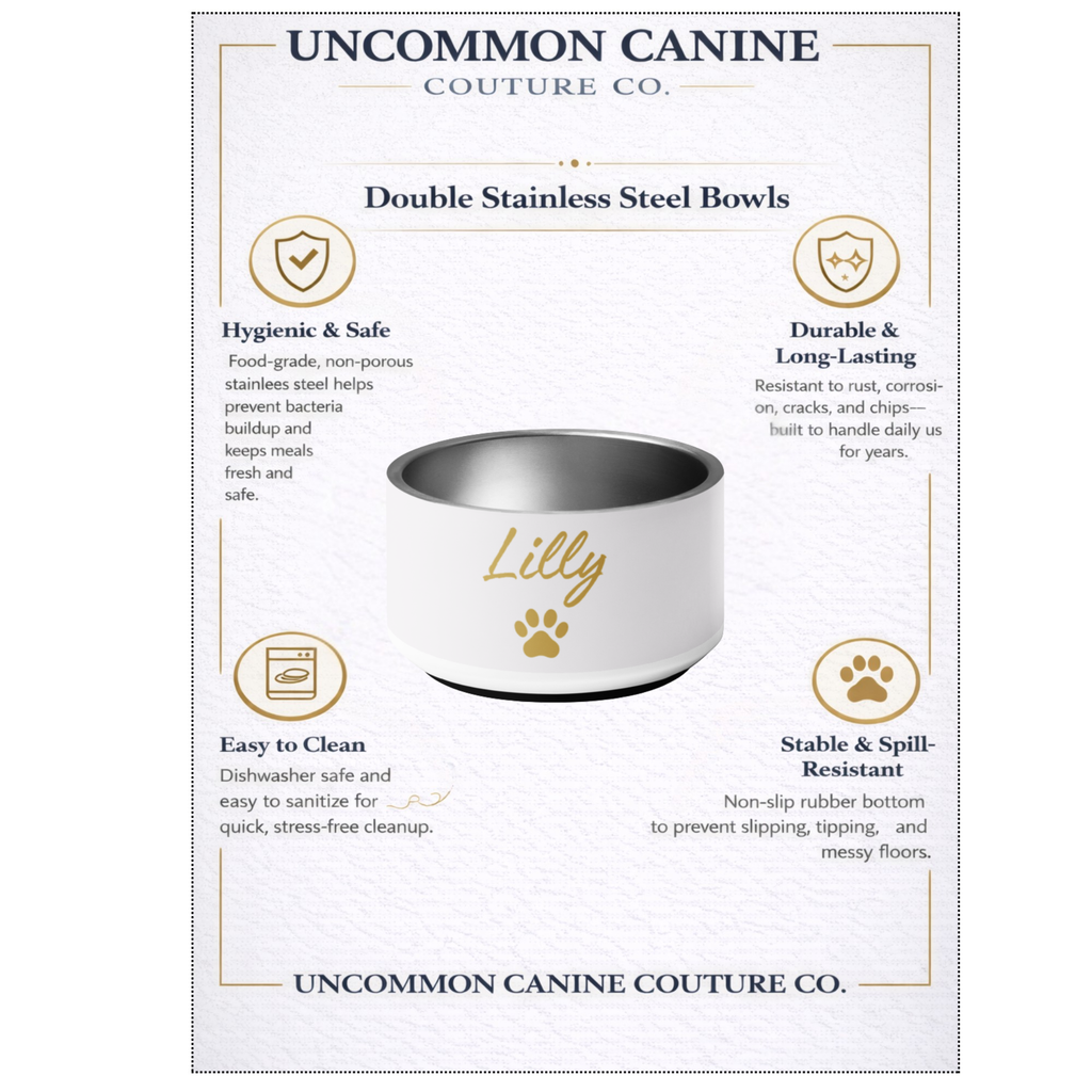 Custom Name Pet Bowl, Ivory Whisper & Gold, Luxury Pet Feeding Bowls, Lilly, 18 oz and 32 oz.