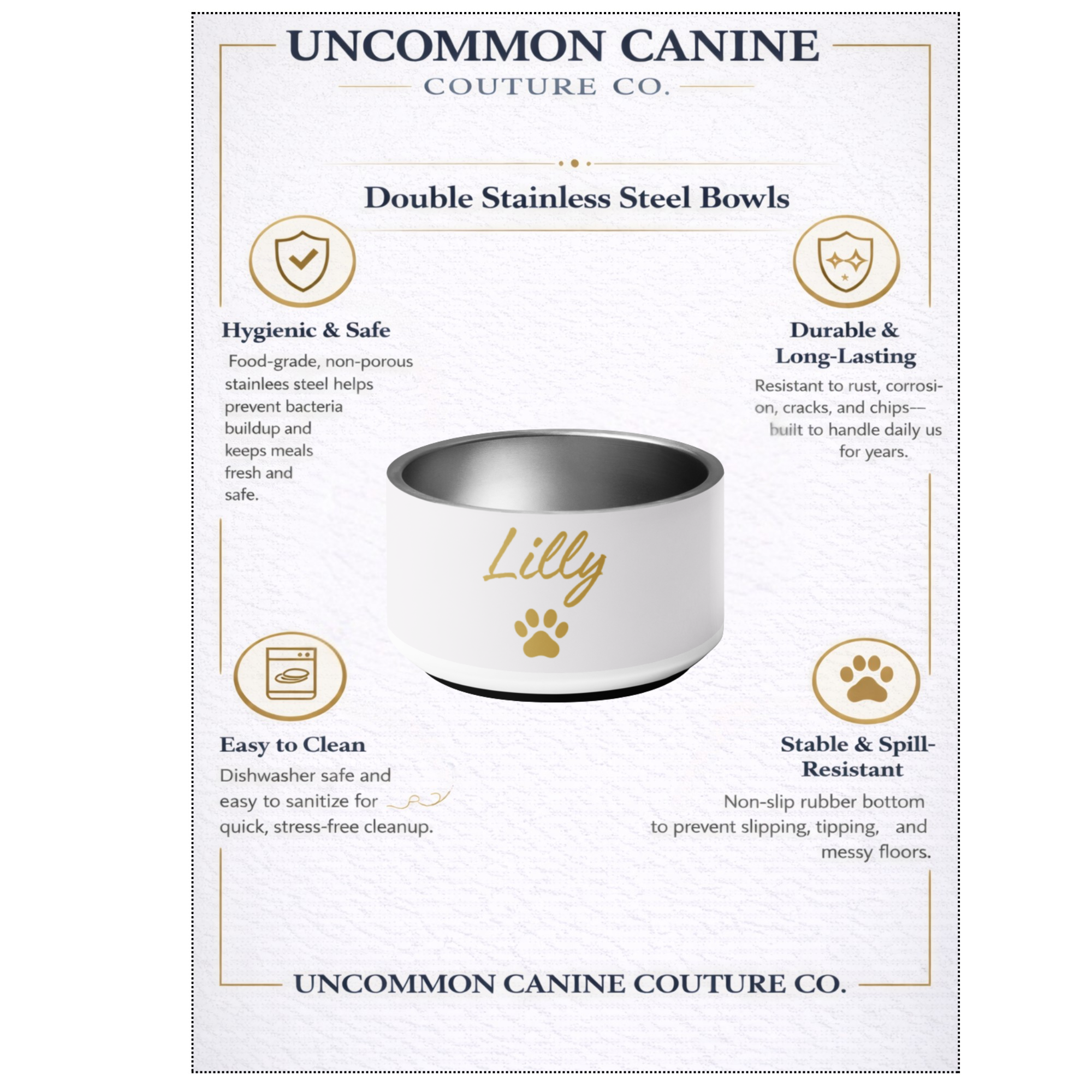 Custom Name Pet Bowl, Ivory Whisper & Gold, Luxury Pet Feeding Bowls, Lilly, 18 oz and 32 oz.