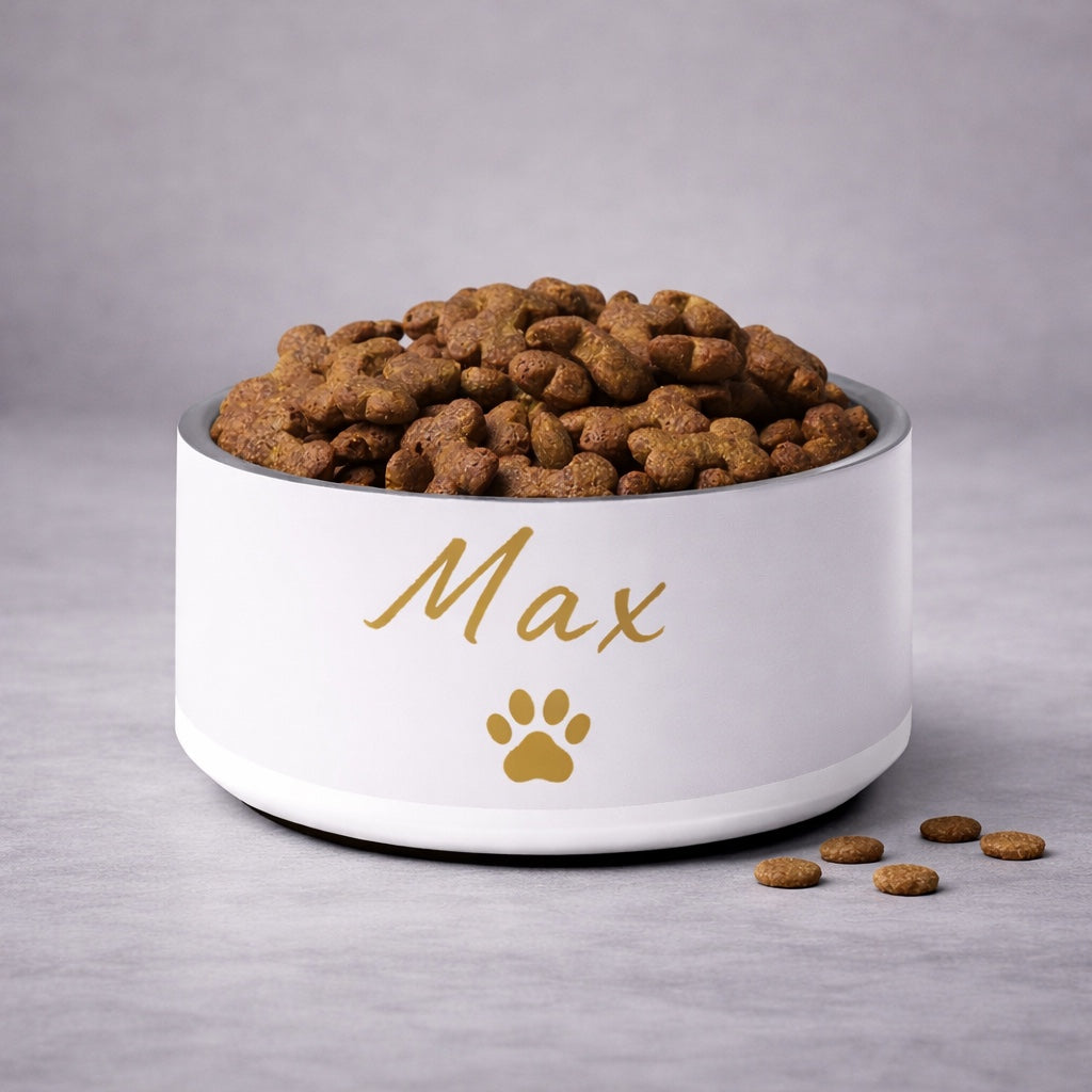 Custom Name Pet Bowl, Ivory Whisper & Gold, Luxury Pet Feeding Bowls, Max, 18 oz and 32 oz.
