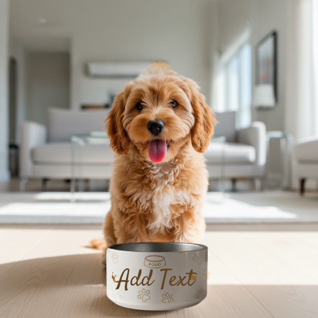 Personalized Dog Bowl Stainless Steel: Ivory Whisper with Gold Patterns, 18 oz.