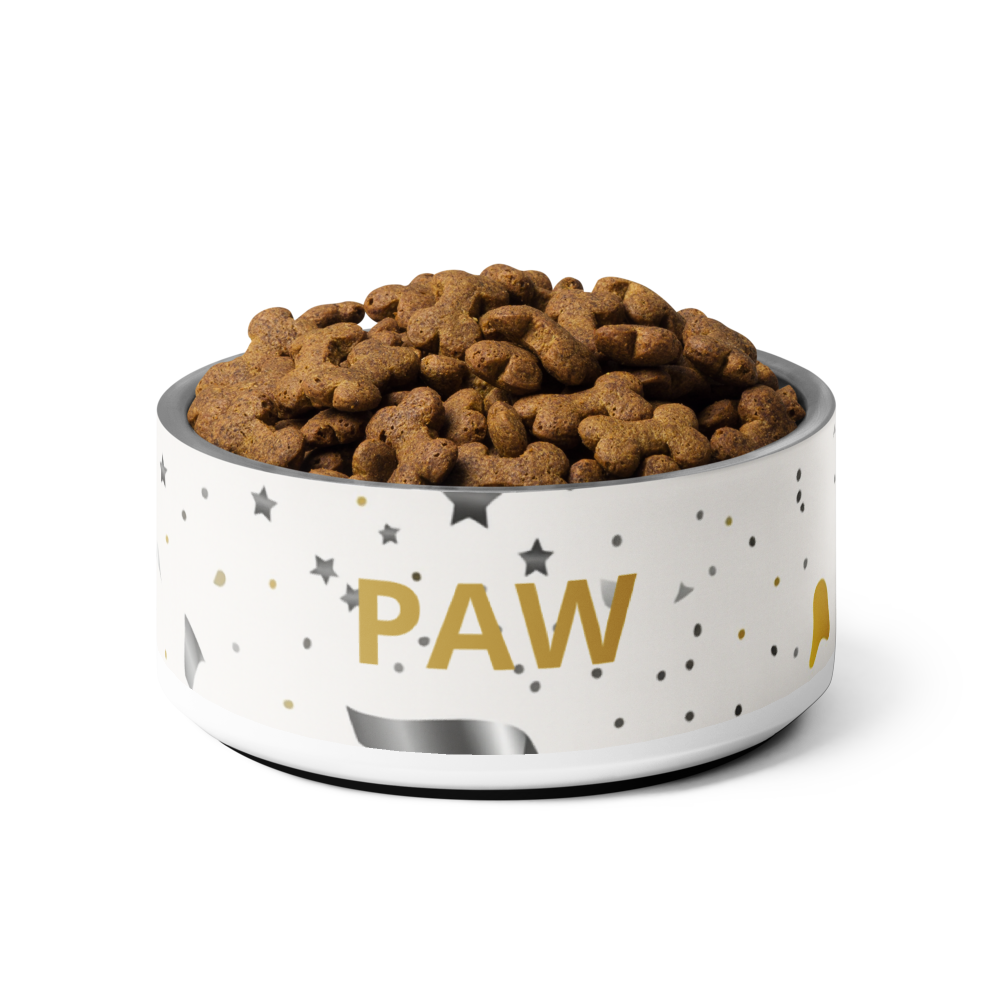 Stainless Steel Dog Bowl, Modern Pattern, “PAW”, Color Gold, 18 and 32 oz.