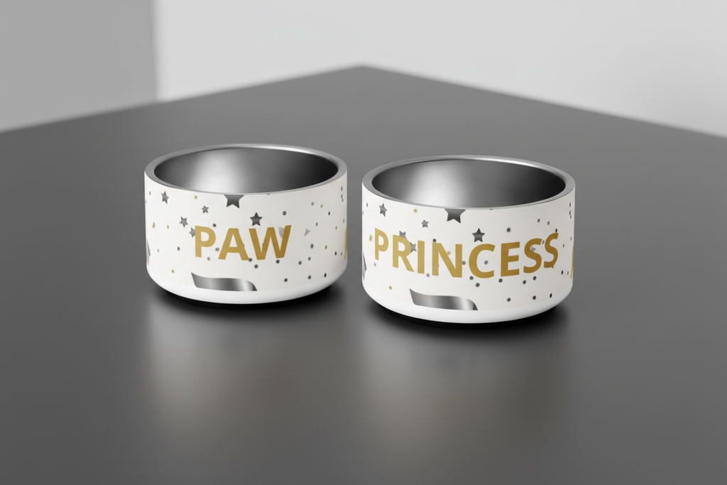 Stainless Steel Dog Bowl, Modern Pattern, “PAW”, Color Gold, 18 and 32 oz.