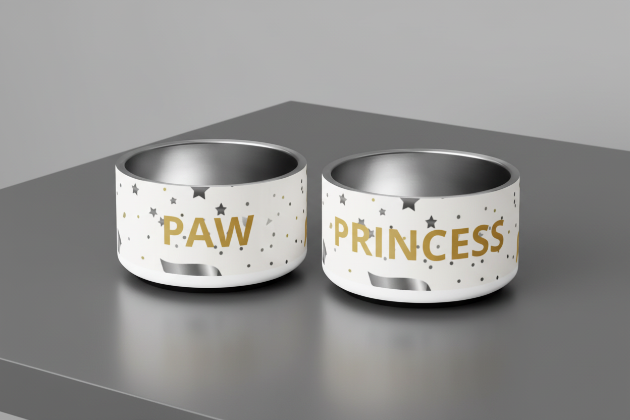 Stainless Steel Dog Bowl, Modern Pattern, “PRINCESS”, Gold, 18 and 32 oz.