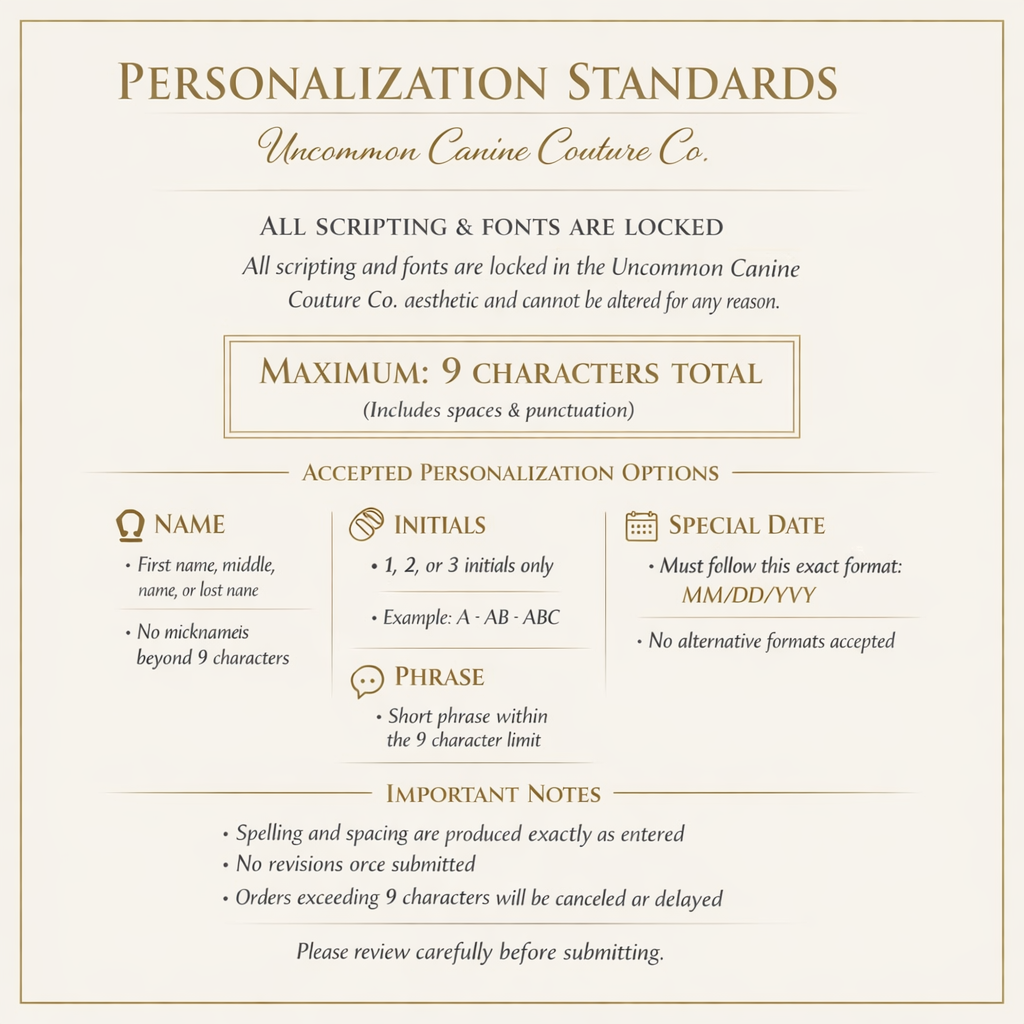 Personalization standards for Uncommon Canine Couture Co. with text and decorative elements.
