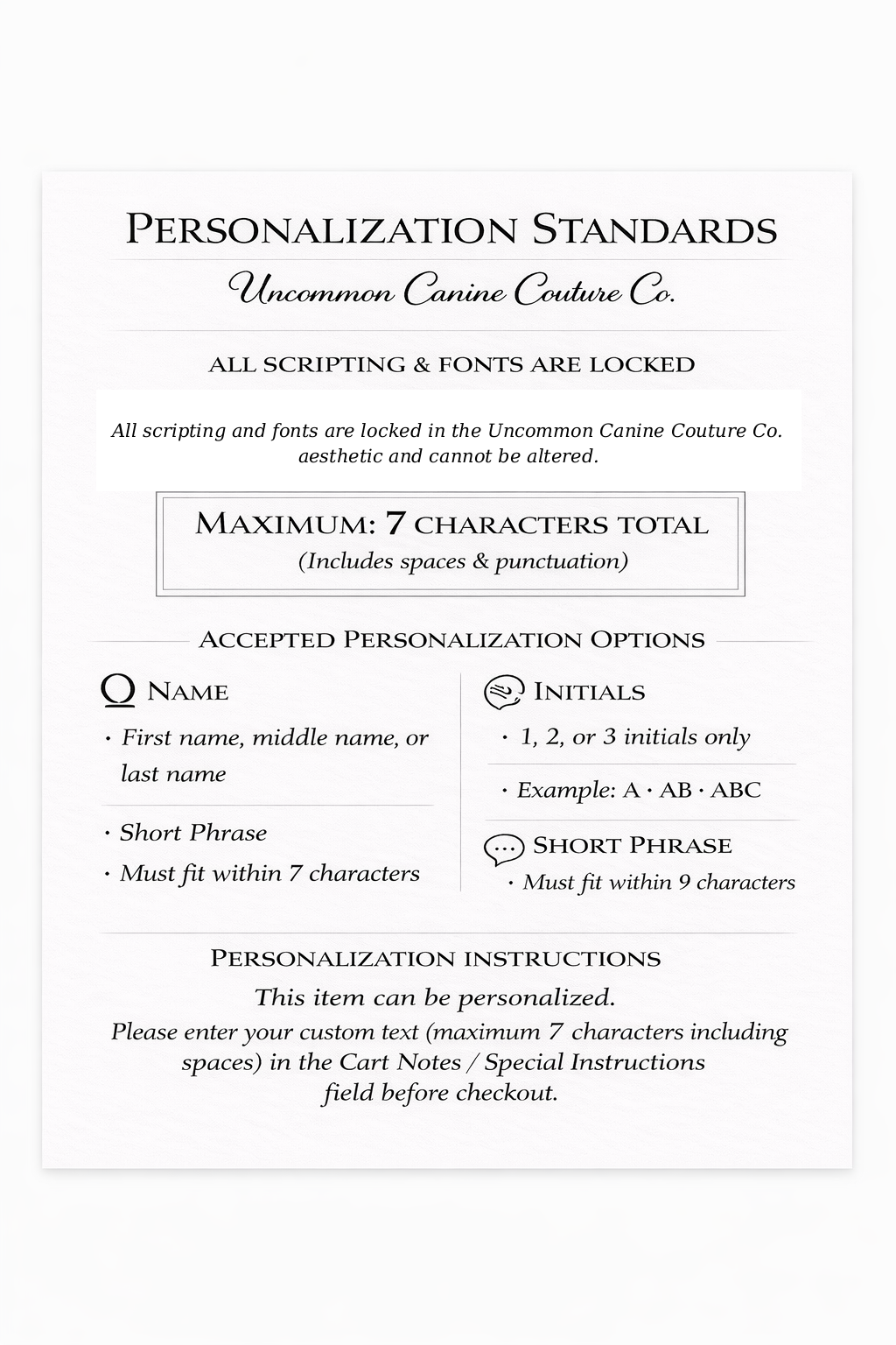 Personalization standards for Uncommon Canine Couture Co. on a white background