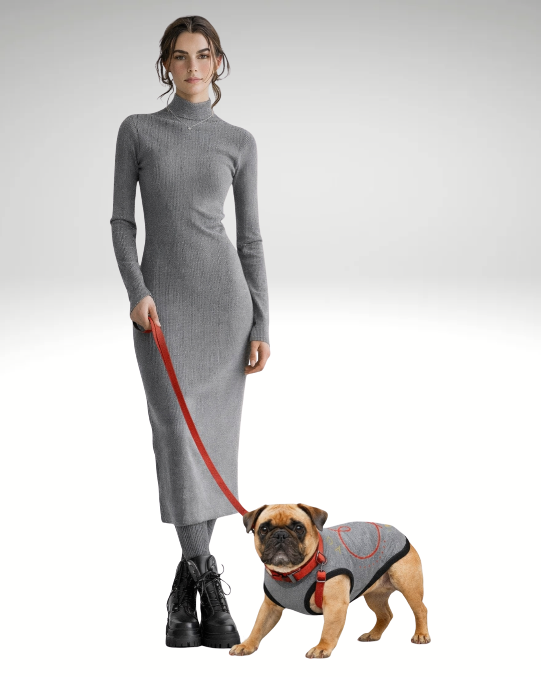 Woman in a gray dress holding a red leash with a small dog wearing a matching gray outfit on a light gray background