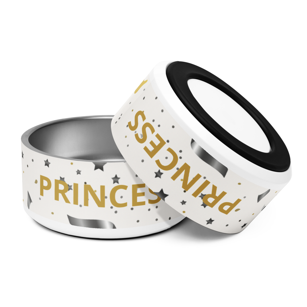 Stainless Steel Dog Bowl, Modern Pattern, “PRINCESS”, Gold, 18 and 32 oz.