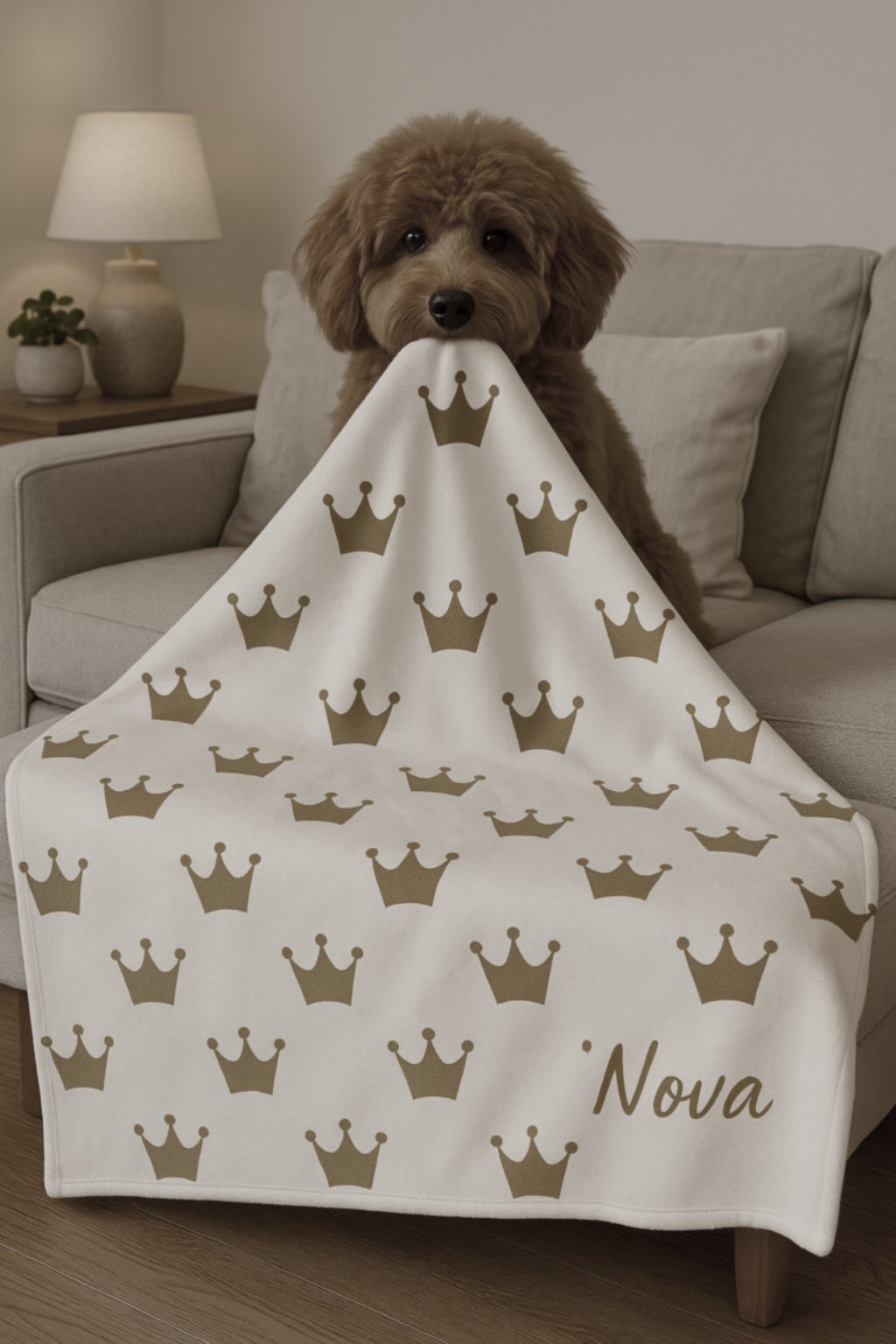 Custom Pet Throw Blanket – Ivory Whisper Crown Design – Nova