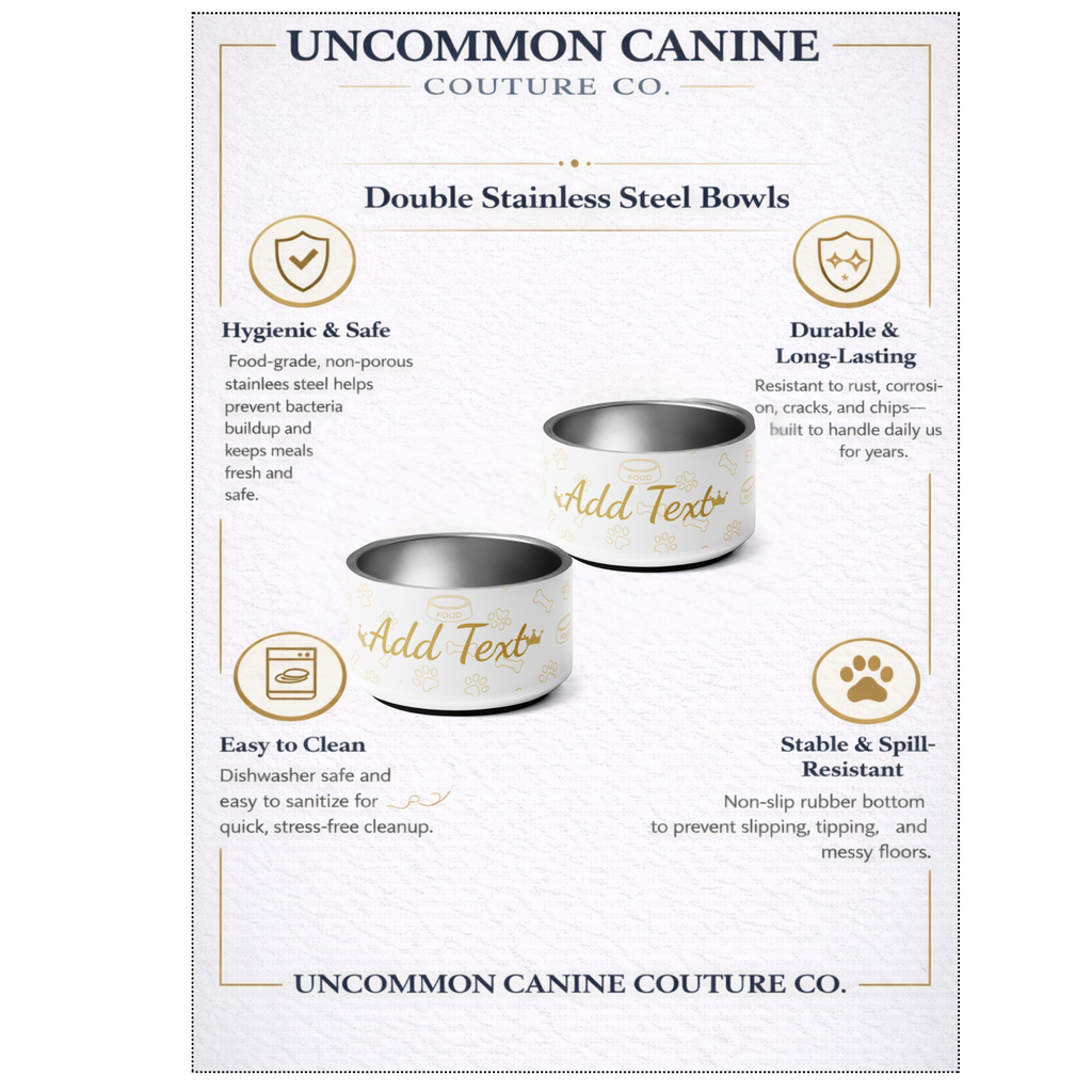 Uncommon Canine Couture Co. double stainless steel bowls with features listed on a white background.