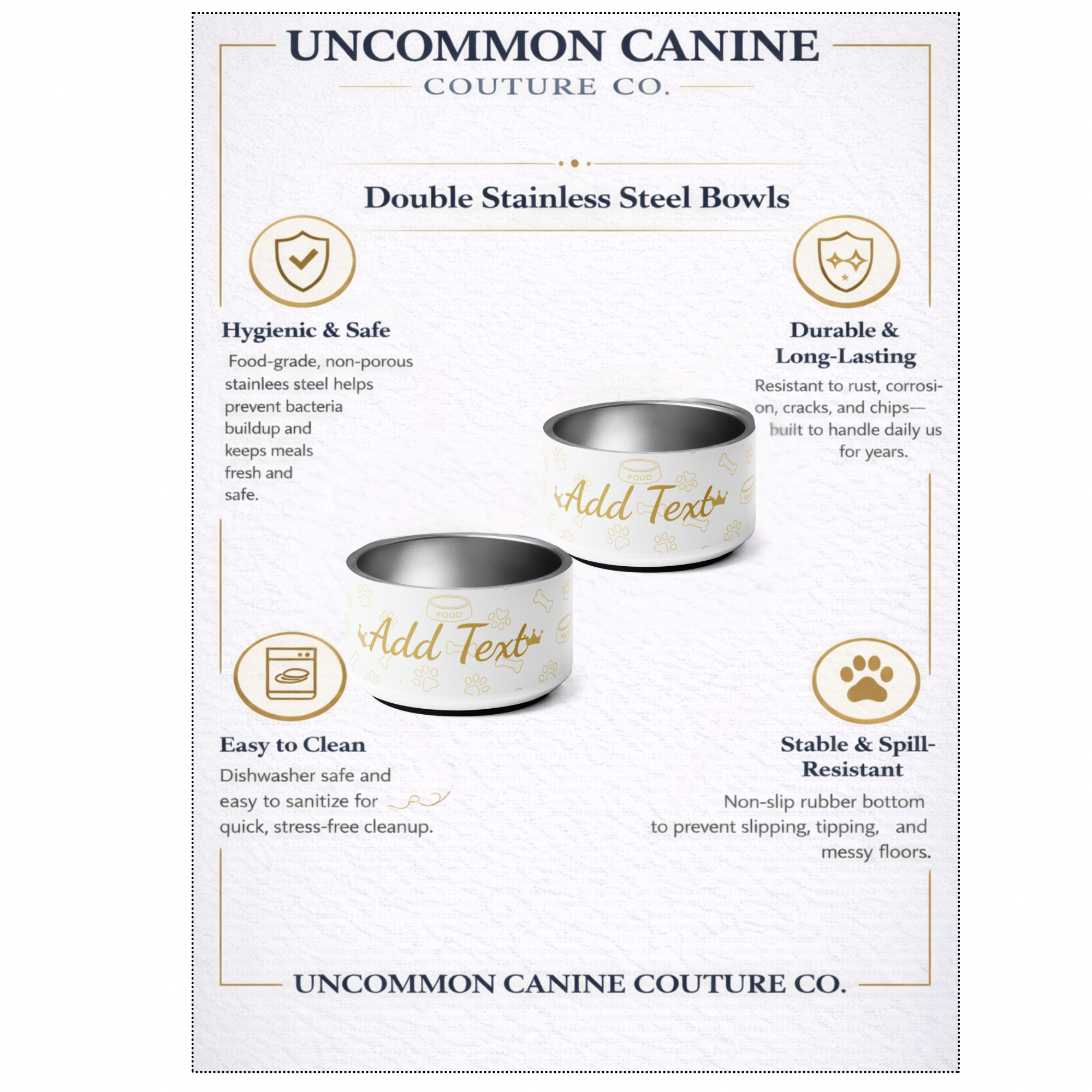 Uncommon Canine Couture Co. double stainless steel bowls with features listed on a white background.