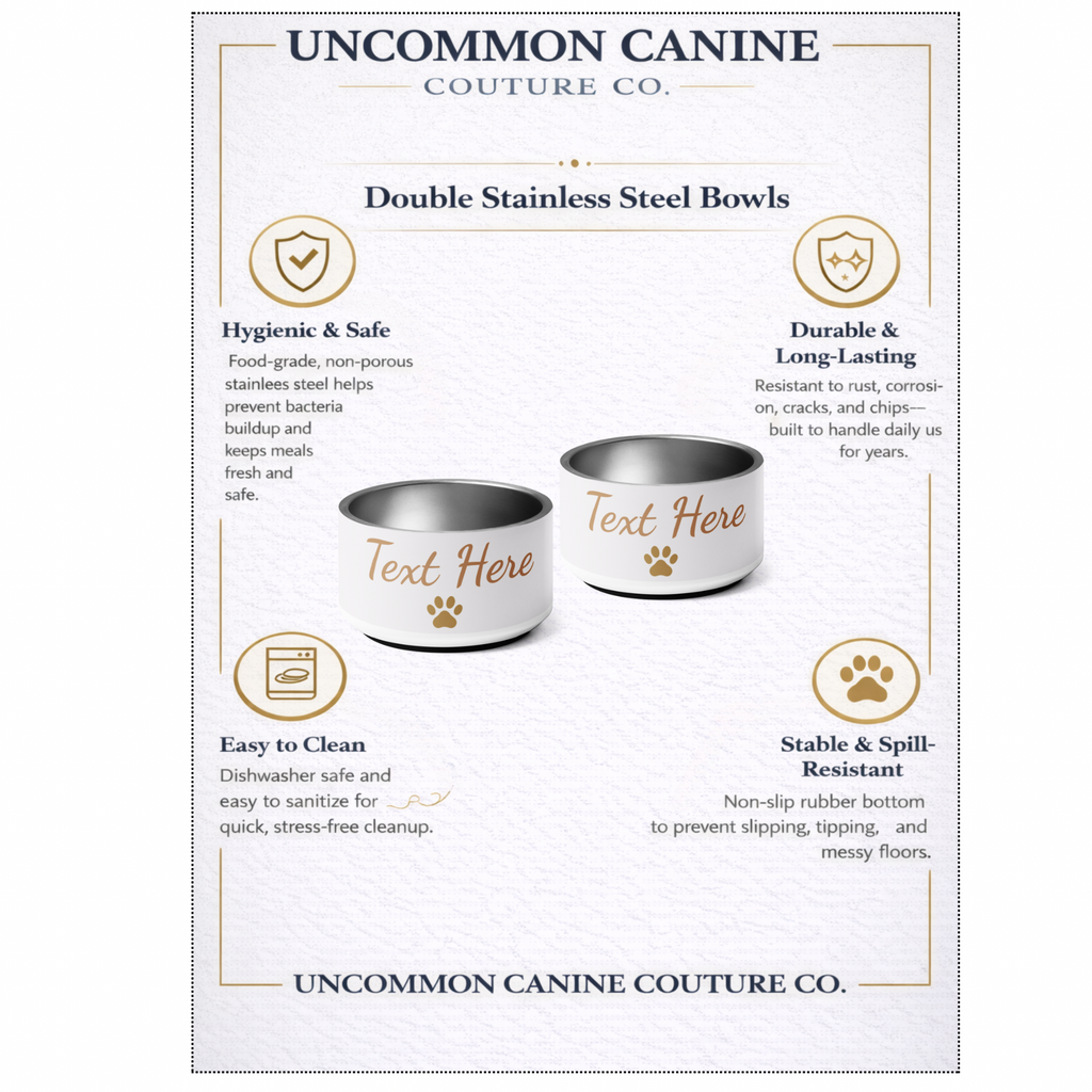 Uncommon Canine Couture Co. dog bowls with text placeholder on a white background