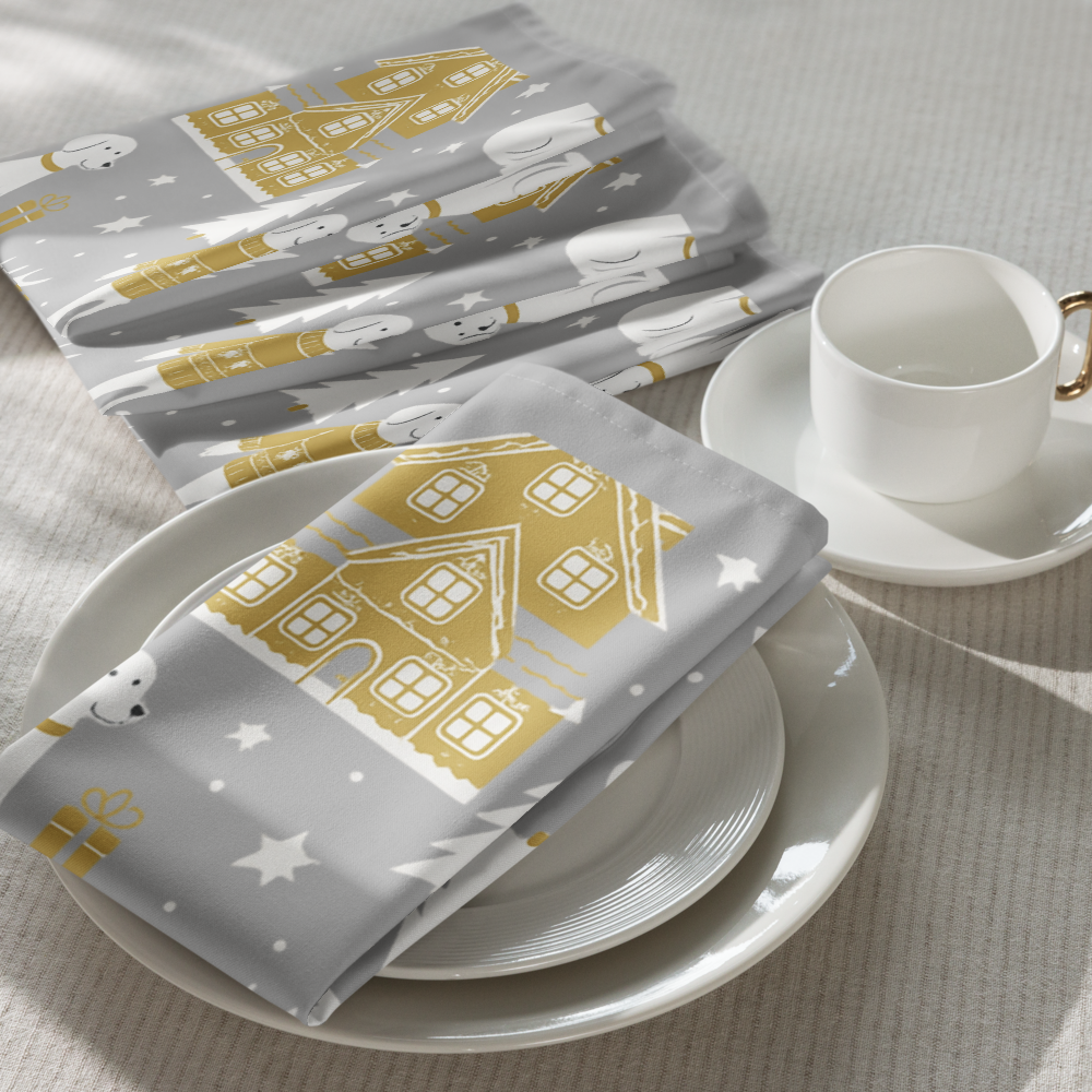 Napkins with house pattern on plates and cup with saucer