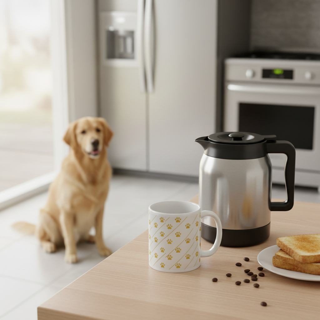 Dog sitting on a kitchen floor next to a coffee maker, mug, and plate of toast.