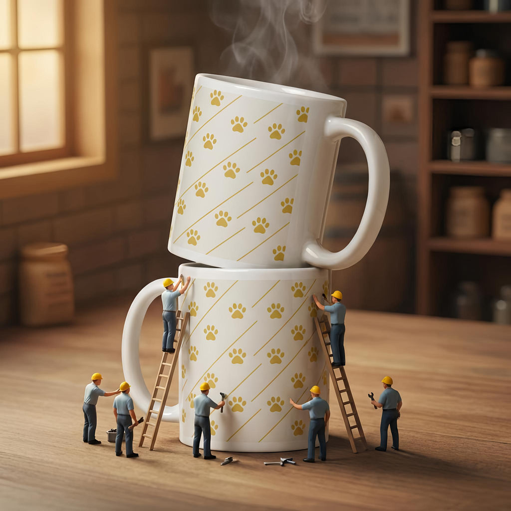 Two large mugs with paw prints stacked on a wooden floor, with miniature figures working on them.