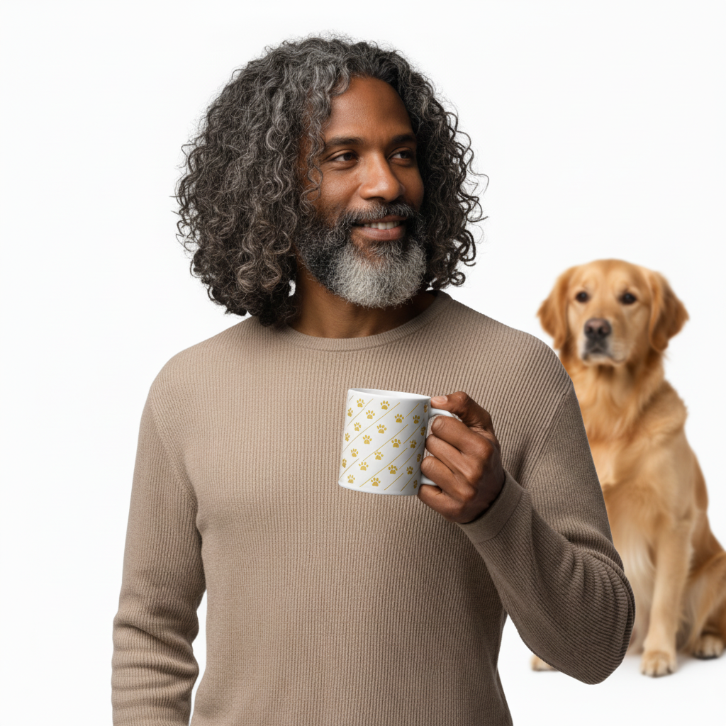 Man holding a mug with a dog sitting behind him on a white background