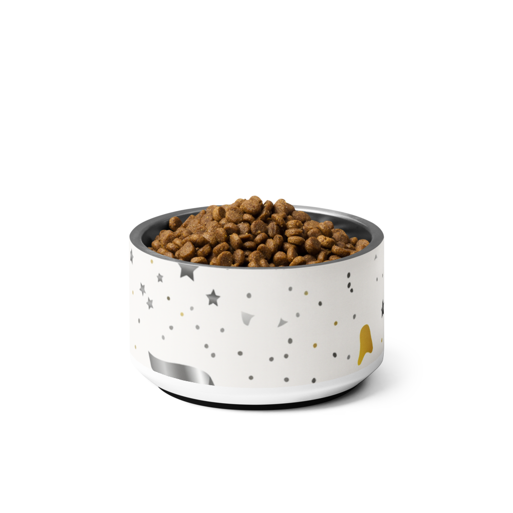 Ivory Whisper  pet bowl with modern patterns filled with dog food on a white background