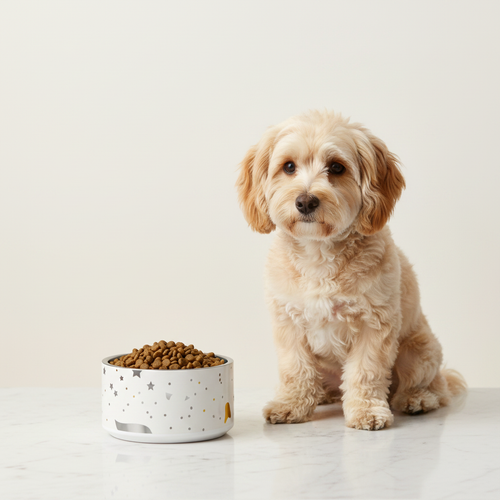 Small dog sitting next to a bowl of kibble on a light background