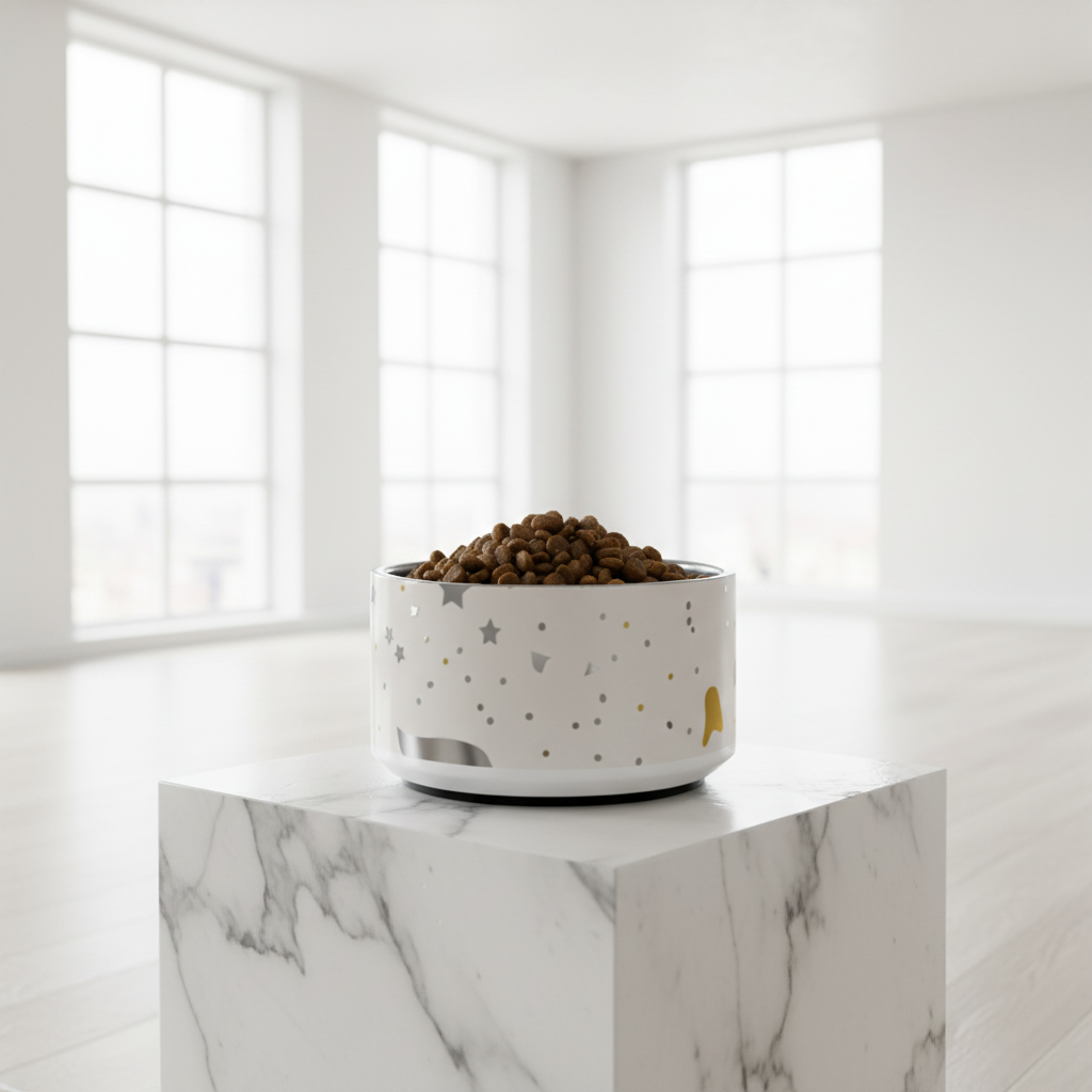 Ivory Whisper  bowl with modern pattern filled with dog food on a marble surface