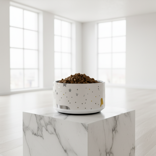 Ivory Whisper  bowl with modern pattern filled with dog food on a marble surface