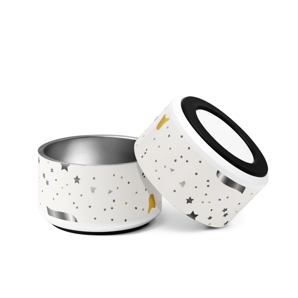 Two stainless steel dog bowls with modern patterns on a white background