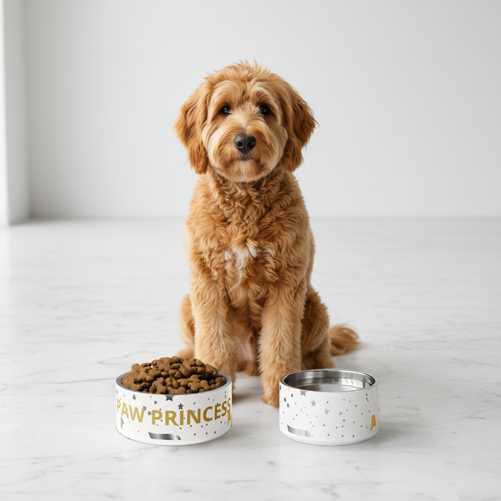 Dog sitting next to a 'Paw Princess' pet bowl on a white surface