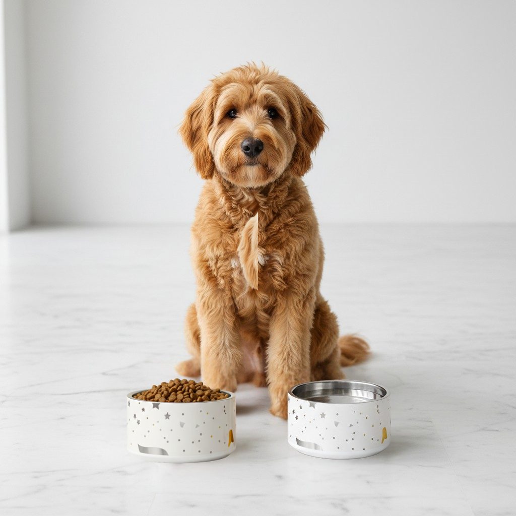 Dog sitting next to two bowls on a white surface
