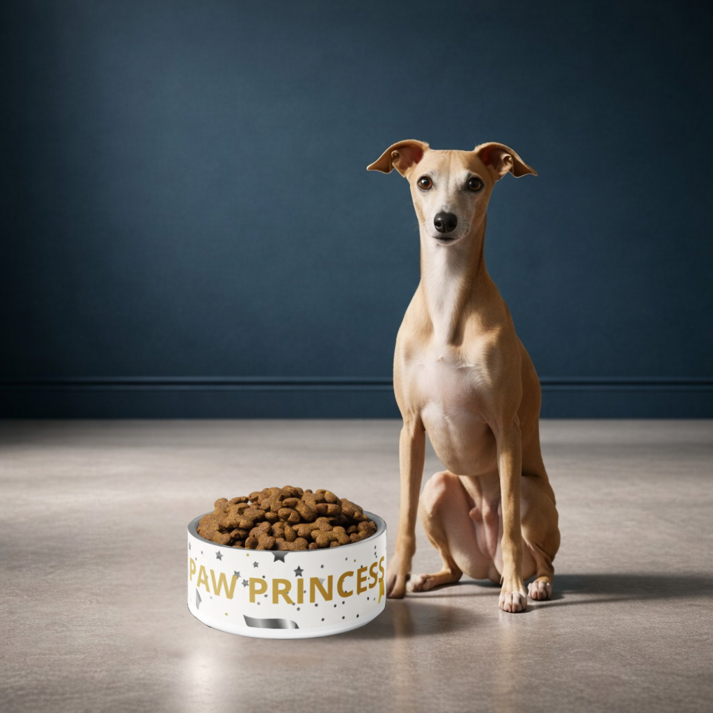 Dog sitting next to a bowl of kibble with 'Paw Princess' branding on a dark background