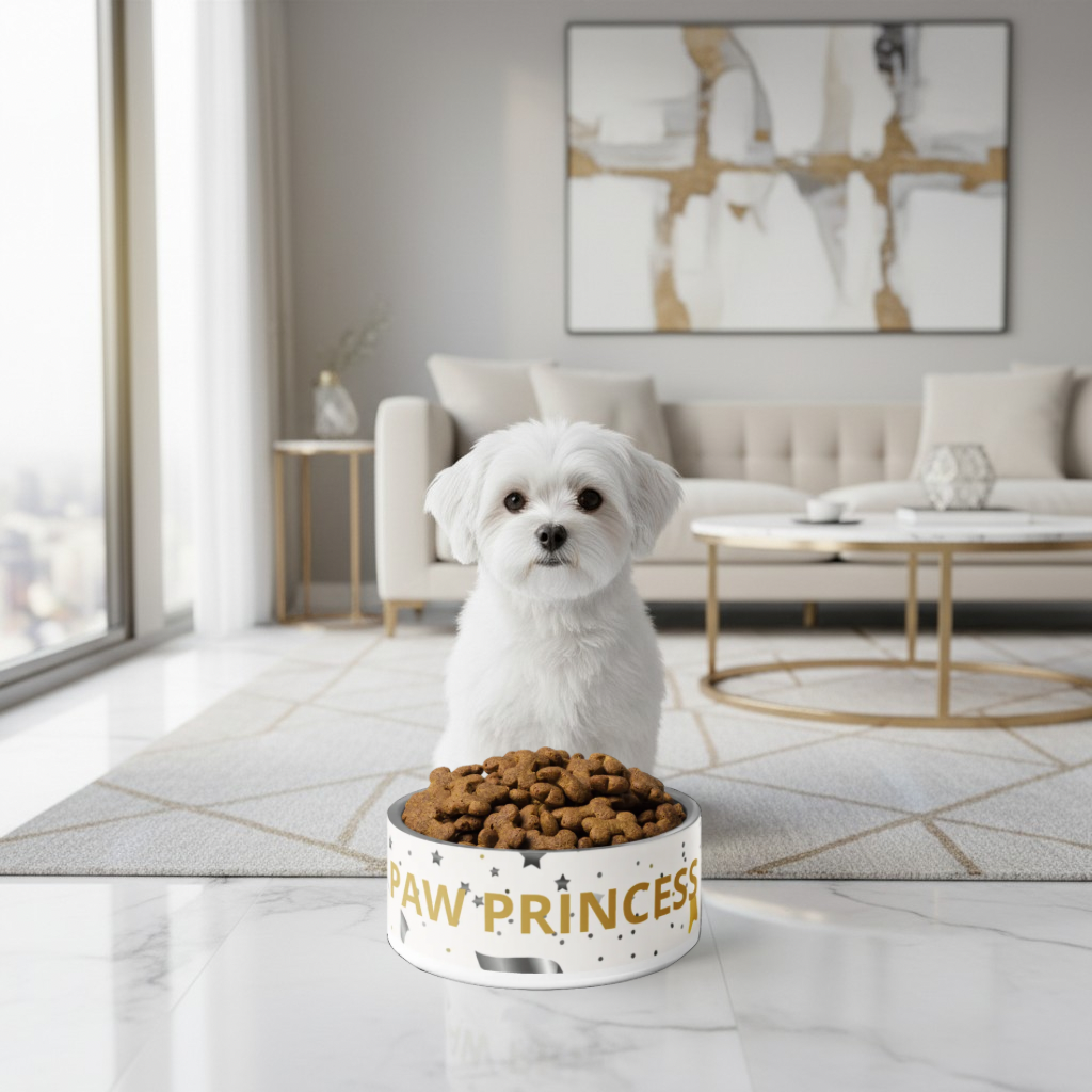 White dog sitting on a marble floor next to a 'Paw Princess' bowl filled with kibble in a modern living room.