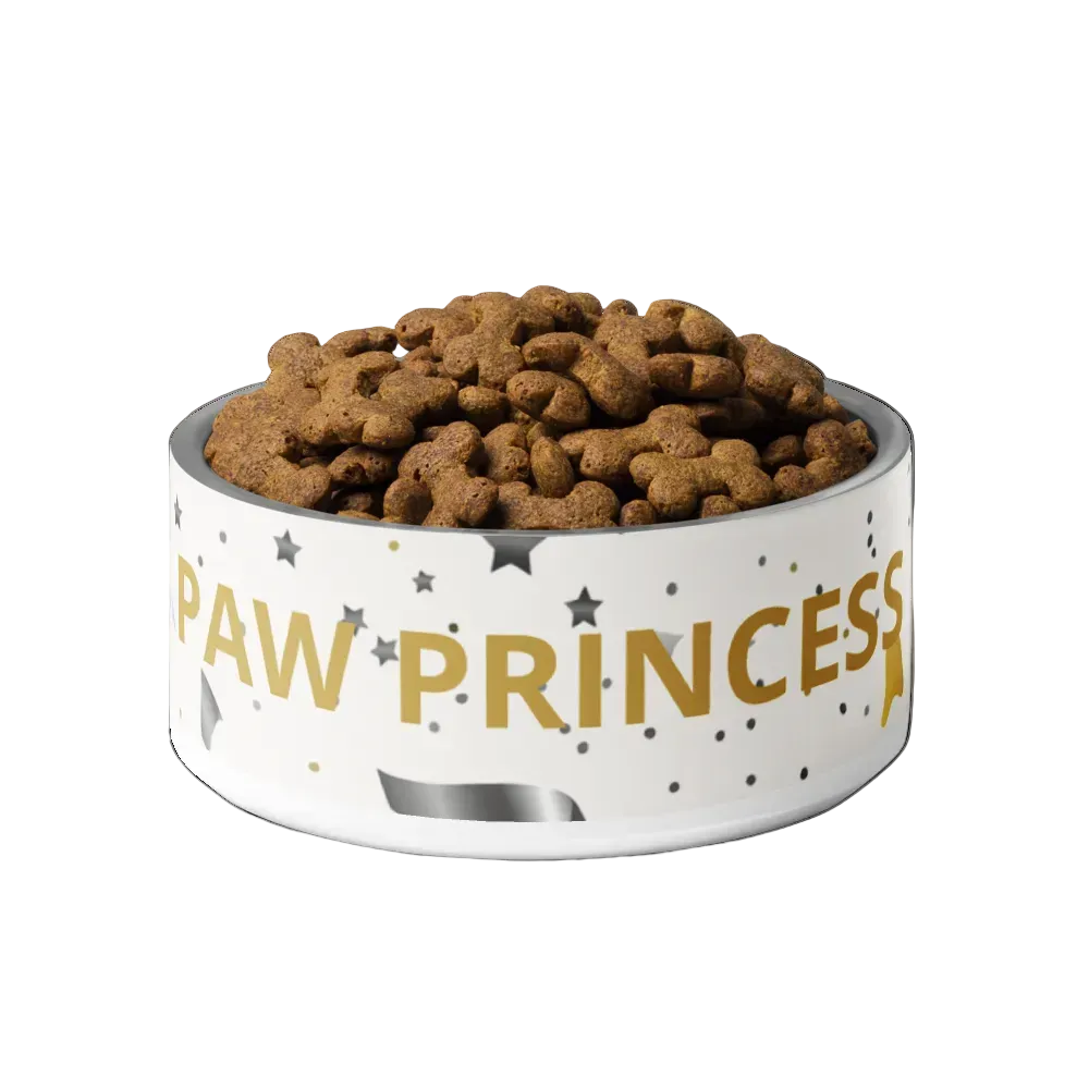 Dog food in a bowl with 'Paw Princess' text on a white background