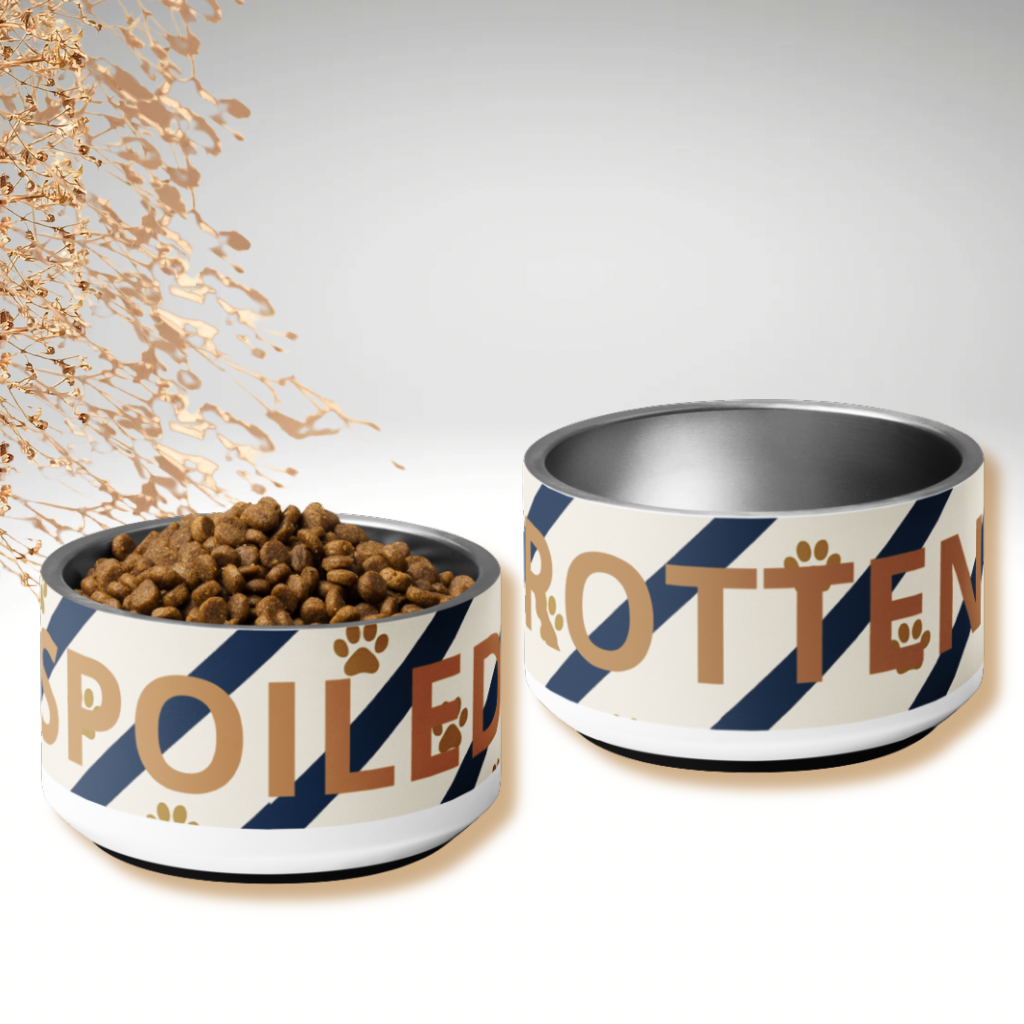 Two dog bowls with 'Spoiled Rotten' text on a white background