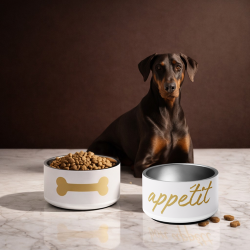 Dog sitting next to two bowls, one with food and the other labeled 'appetit', on a marble surface.