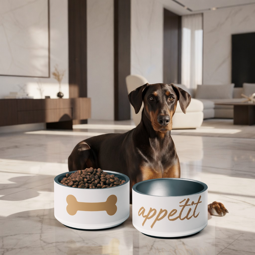Dog sitting next to two pet bowls with food in a modern living room.