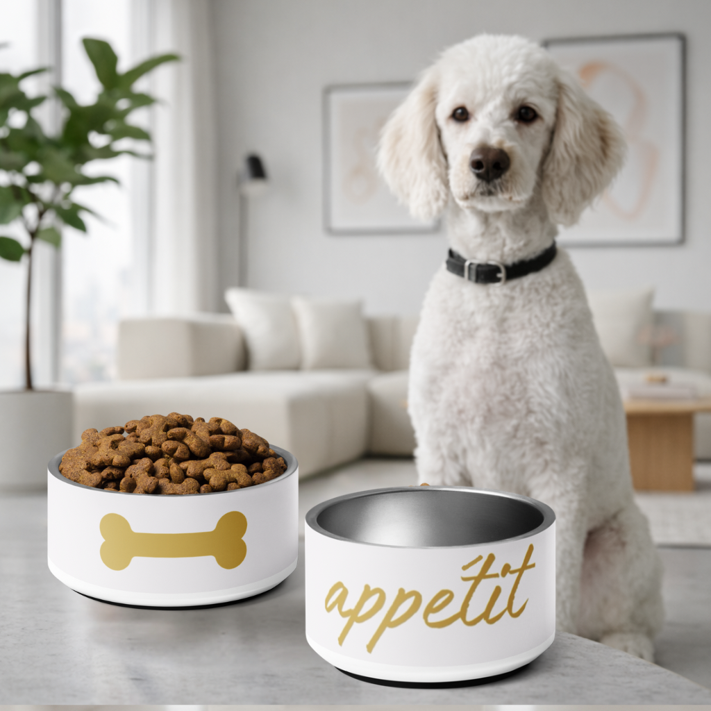 White dog sitting next to two bowls, one with kibble and the other bone image and 'appetit', in a home setting.